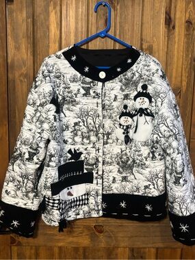 Quilted Snowman Jacket Christmas Winter Vintage Black White Patchwork Coat L